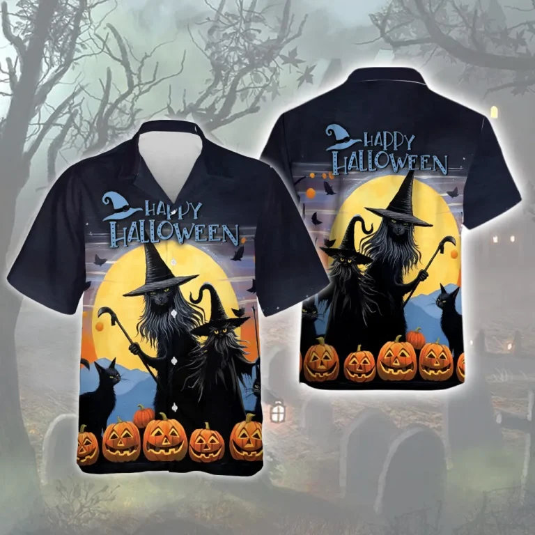 Black Witch And Haunted Cat Men Hawaiian Shirt, Smiling Halloween Pumpkin Aloha Button Down Shirts, Scary Sorcerers With Broomstick Design