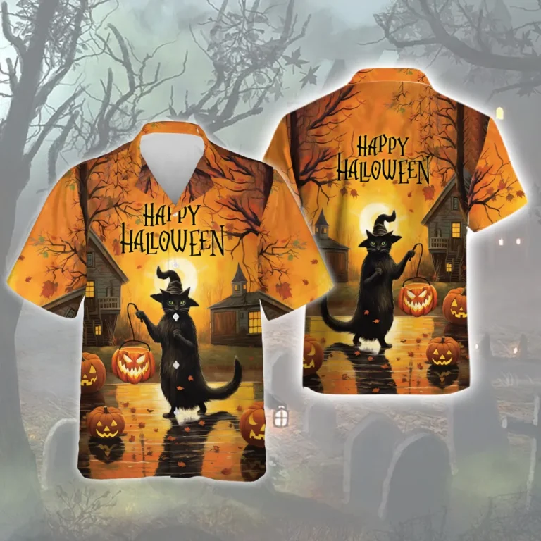 Black Cat Wearing Witch Hat With Pumpkin Lantern Men Hawaiian Shirt, Trick Or Treat Game Aloha Shirts, Wandering Cat In Forest Printed Shirt