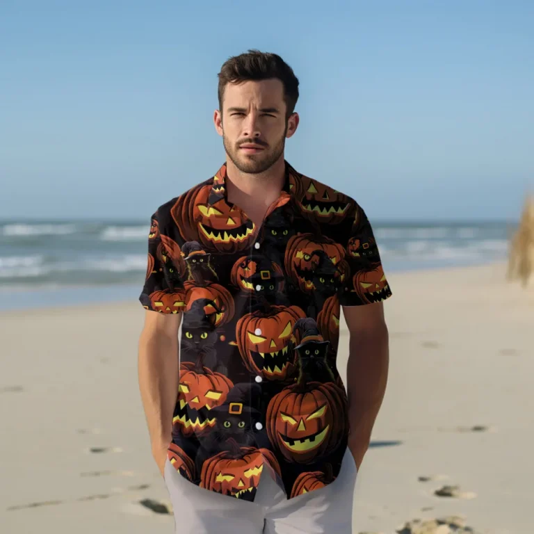 Halloween Spooky Pumpkin Hawaiian Shirt, Comfy Hawaii Shirt, 3d Printed Hawaiian Aloha Shirt, Summer Beach Shirt, Short Sleeve Hawaii Shirt