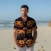 Halloween Sculptured Pumpkin Men Hawaiian Shirt, Short Sleeve Summer Beach Shirt, Scary 3d Printed Hawaiian Aloha Shirt, Casual Hawaii Shirt