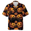 Halloween Sculptured Pumpkin Men Hawaiian Shirt, Short Sleeve Summer Beach Shirt, Scary 3d Printed Hawaiian Aloha Shirt, Casual Hawaii Shirt