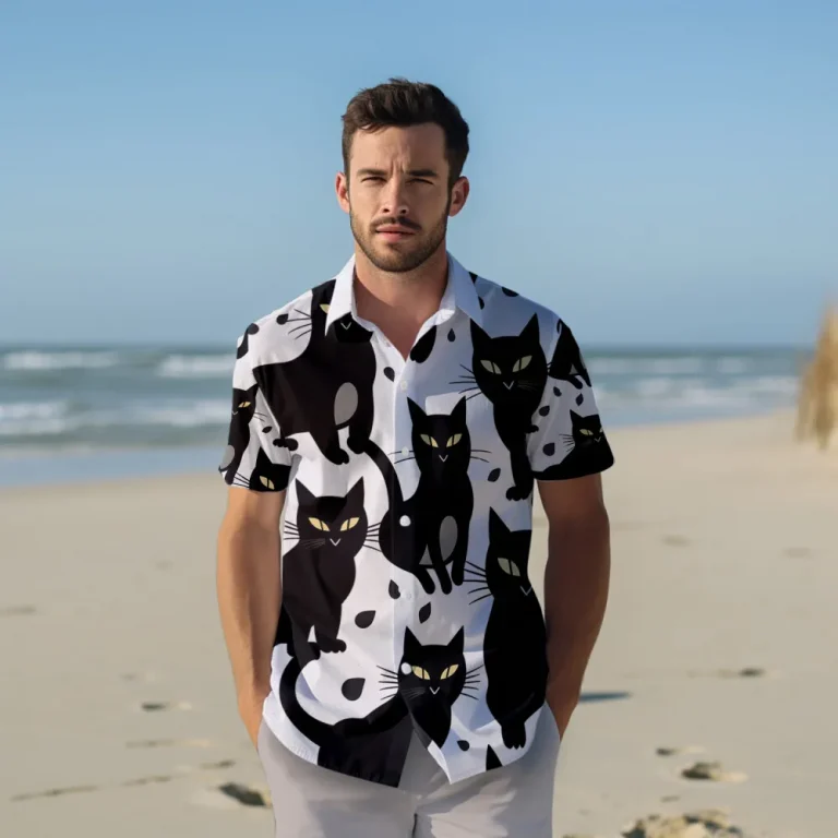 Adorable Multiple Black Cat Men Hawaiian Shirt , Scary Halloween Aloha Beach Button Down Shirts, Cat Printed Shirt, Cat Lovers Gift