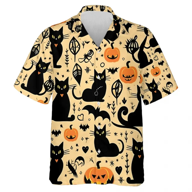 Black Cat In Nature Men Hawaiian Shirt , Cute Halloween Pumpkin Pattern Aloha Shirts, Nature Lover Clothing, Leaves Printed Shirt