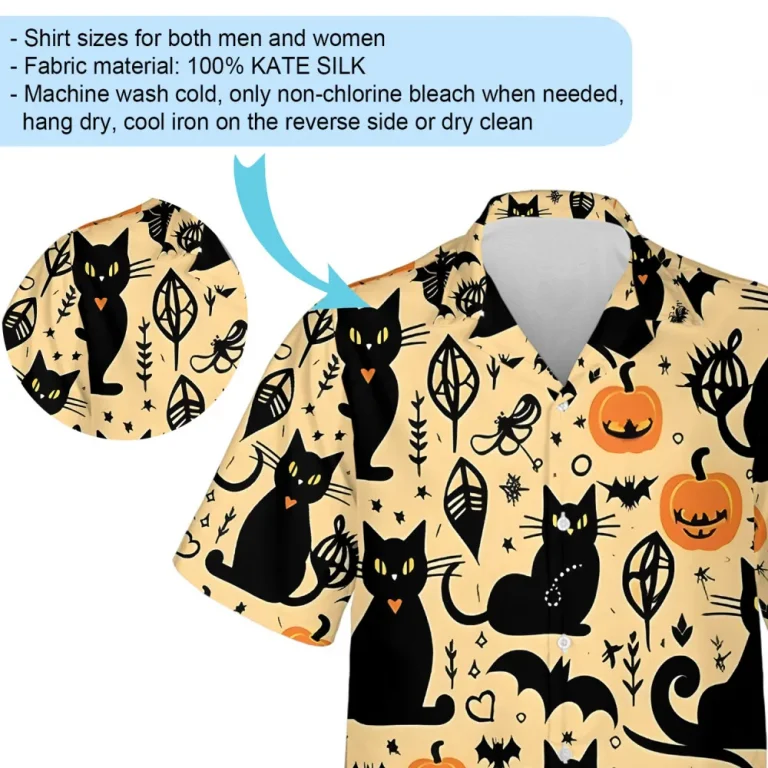 Black Cat In Nature Men Hawaiian Shirt , Cute Halloween Pumpkin Pattern Aloha Shirts, Nature Lover Clothing, Leaves Printed Shirt