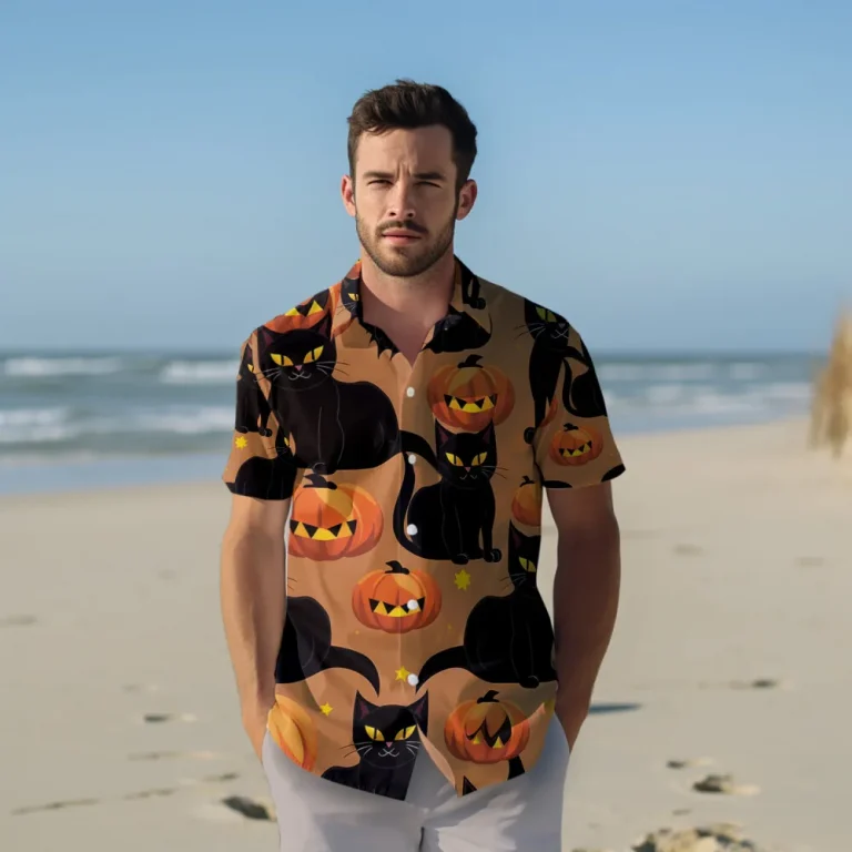 Vintage Halloween Scary Cats And Pumpkins Hawaii Beach Shirt, Cute Halloween Patterned Aloha Shirt, Casual Short Sleeves For Halloween Party