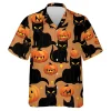 Vintage Halloween Scary Cats And Pumpkins Hawaii Beach Shirt, Cute Halloween Patterned Aloha Shirt, Casual Short Sleeves For Halloween Party