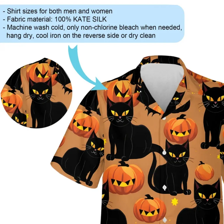 Vintage Halloween Scary Cats And Pumpkins Hawaii Beach Shirt, Cute Halloween Patterned Aloha Shirt, Casual Short Sleeves For Halloween Party