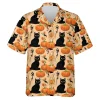 Animated Pumpkin Black Cat All Genders Hawaiian Shirt, Halloween Cute Aloha Beach Button Down Shirts, Adorable Yellow Shirt