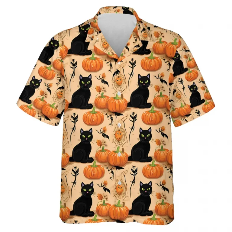 Animated Pumpkin Black Cat All Genders Hawaiian Shirt, Halloween Cute Aloha Beach Button Down Shirts, Adorable Yellow Shirt