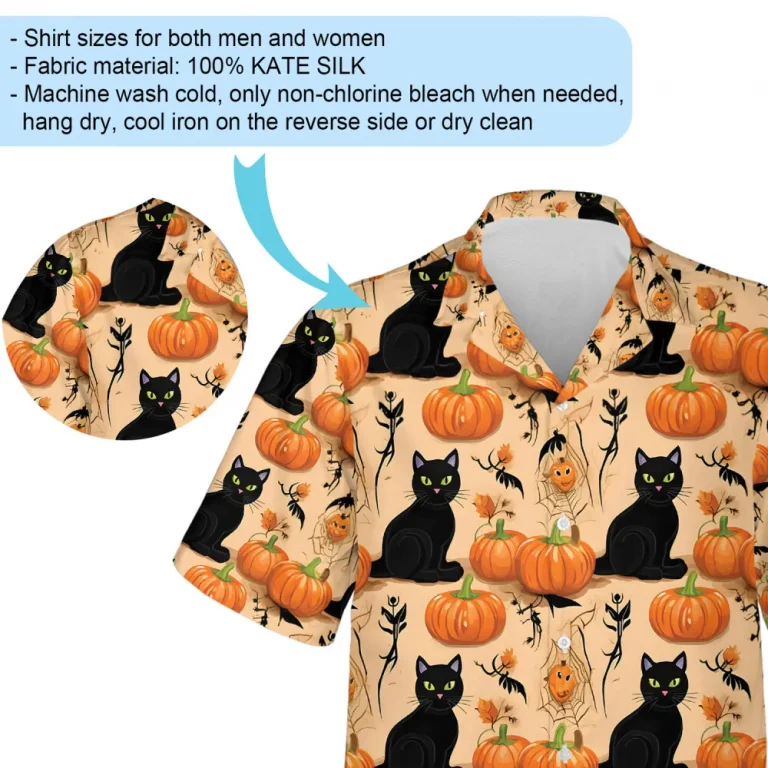 Animated Pumpkin Black Cat All Genders Hawaiian Shirt, Halloween Cute Aloha Beach Button Down Shirts, Adorable Yellow Shirt