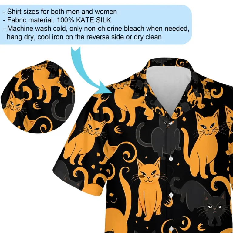 Sarcastic Cat Unisex Hawaiian Shirt, Halloween Black And Orange Kitten Casual Aloha Shirts, Smiling Cat Printed Shirt For Family Party