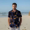 Random Shape Black Cat Men Hawaiian Shirt, Cute Halloween Pumpkin Pattern Aloha Shirts, Halloween Aloha Beach Button Down Shirts