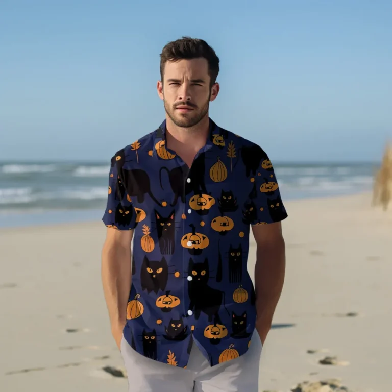 Random Shape Black Cat Men Hawaiian Shirt, Cute Halloween Pumpkin Pattern Aloha Shirts, Halloween Aloha Beach Button Down Shirts