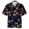 Random Shape Black Cat Men Hawaiian Shirt, Cute Halloween Pumpkin Pattern Aloha Shirts, Halloween Aloha Beach Button Down Shirts