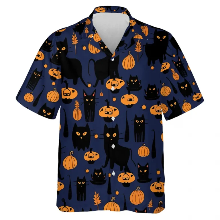 Random Shape Black Cat Men Hawaiian Shirt, Cute Halloween Pumpkin Pattern Aloha Shirts, Halloween Aloha Beach Button Down Shirts