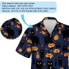 Random Shape Black Cat Men Hawaiian Shirt, Cute Halloween Pumpkin Pattern Aloha Shirts, Halloween Aloha Beach Button Down Shirts