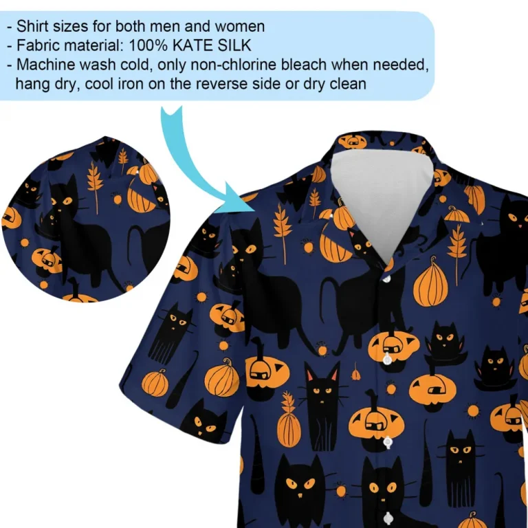 Random Shape Black Cat Men Hawaiian Shirt, Cute Halloween Pumpkin Pattern Aloha Shirts, Halloween Aloha Beach Button Down Shirts