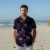 Random Black Cat Shape Unisex Hawaiian Shirt, Cute Halloween Pumpkin Pattern Aloha Shirts, Halloween Party Matching Shirts For Men, Women & Kids