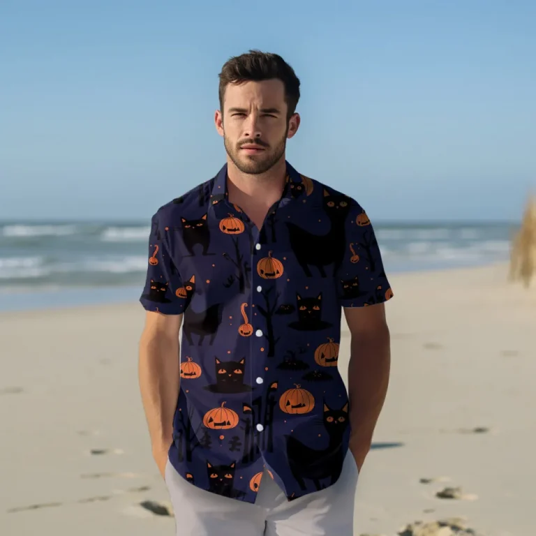 Random Black Cat Shape Unisex Hawaiian Shirt, Cute Halloween Pumpkin Pattern Aloha Shirts, Halloween Party Matching Shirts For Men, Women & Kids