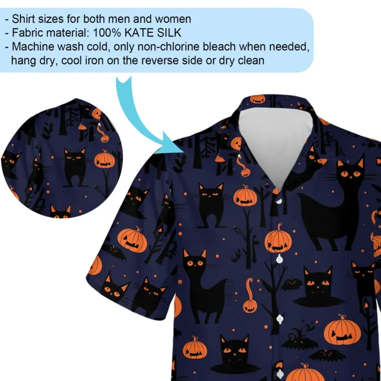 Random Black Cat Shape Unisex Hawaiian Shirt, Cute Halloween Pumpkin Pattern Aloha Shirts, Halloween Party Matching Shirts For Men, Women & Kids