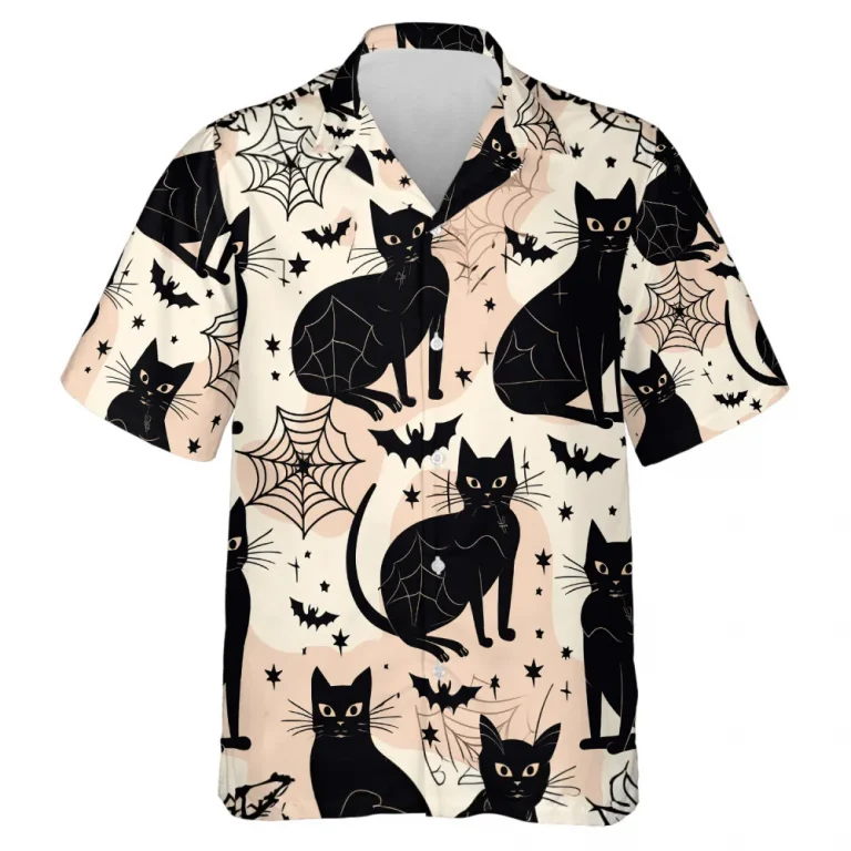 Spooky Spider Web And Black Cat Halloween Hawaii Shirt, Black And White Aloha Shirt For Summer, Men's Beach Shirt, Men's Patterned Clothing