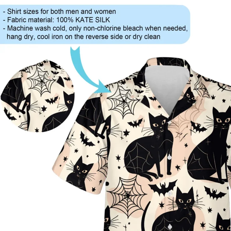 Spooky Spider Web And Black Cat Halloween Hawaii Shirt, Black And White Aloha Shirt For Summer, Men's Beach Shirt, Men's Patterned Clothing