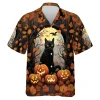 Black Cat In Maple Forest With Pumpkin Halloween Hawaii Shirt, Halloween Vibe Shirt, Unisex Beach Aloha Shirt, Casual Men's Wear