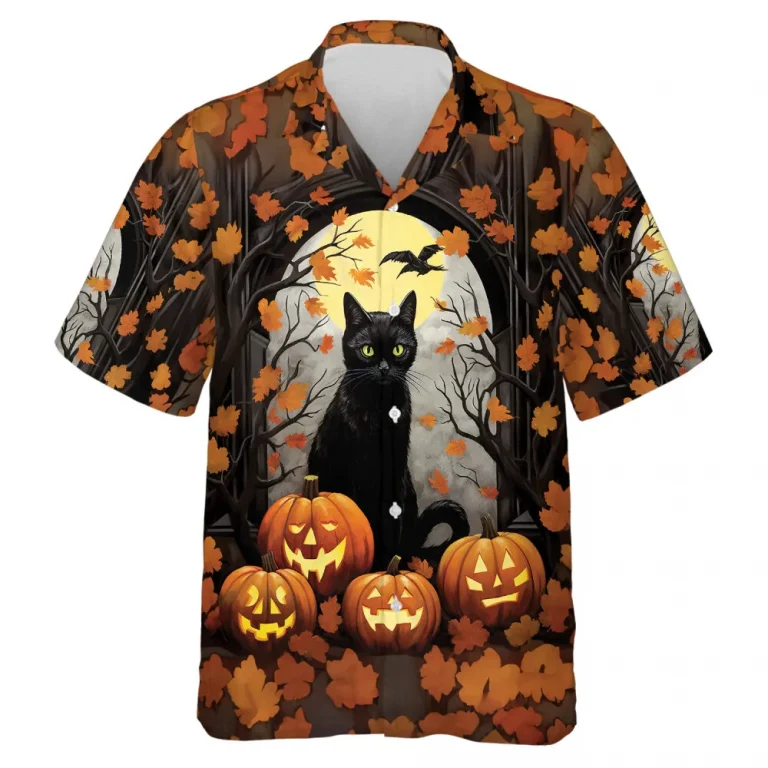 Black Cat In Maple Forest With Pumpkin Halloween Hawaii Shirt, Halloween Vibe Shirt, Unisex Beach Aloha Shirt, Casual Men's Wear