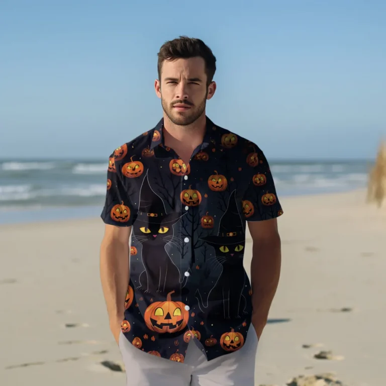 Black Cats Wear Witch Hat In Spooky Pumpkin Forest Hawaiian Shirt, Halloween Aloha Beach Button Down Shirts, Scary Pumpkin Halloween Clothing