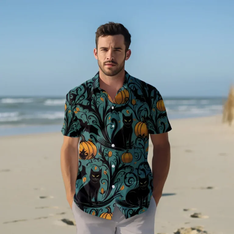 Black Cat In Pumpkin Tree Men Hawaiian Shirt, Halloween Night Aloha Beach Button Down Shirts, Spooky V-neck Men's Shirt, Casual Clothing