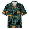 Black Cat In Pumpkin Tree Men Hawaiian Shirt, Halloween Night Aloha Beach Button Down Shirts, Spooky V-neck Men's Shirt, Casual Clothing