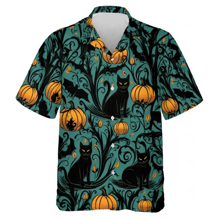 Black Cat In Pumpkin Tree Men Hawaiian Shirt, Halloween Night Aloha Beach Button Down Shirts, Spooky V-neck Men's Shirt, Casual Clothing
