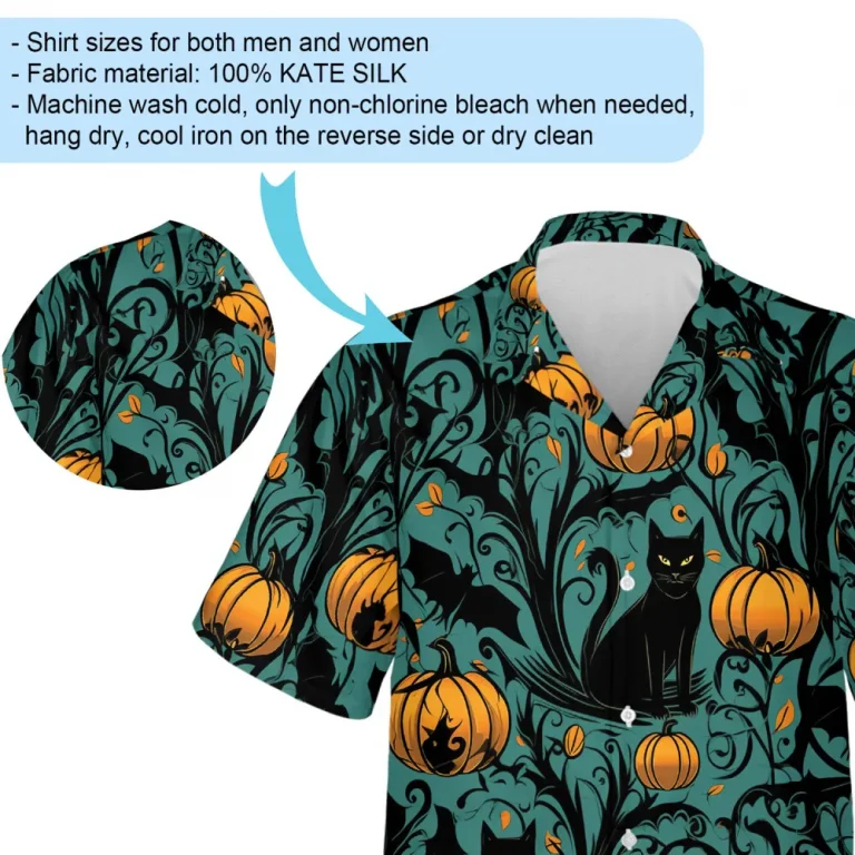 Black Cat In Pumpkin Tree Men Hawaiian Shirt, Halloween Night Aloha Beach Button Down Shirts, Spooky V-neck Men's Shirt, Casual Clothing