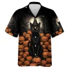 Sculptured Pumpkin And Black Cat Unisex Hawaii Shirt, Halloween Moonlight Aloha Beach Shirts, Men's Button Down Shirt, Everyday Wear