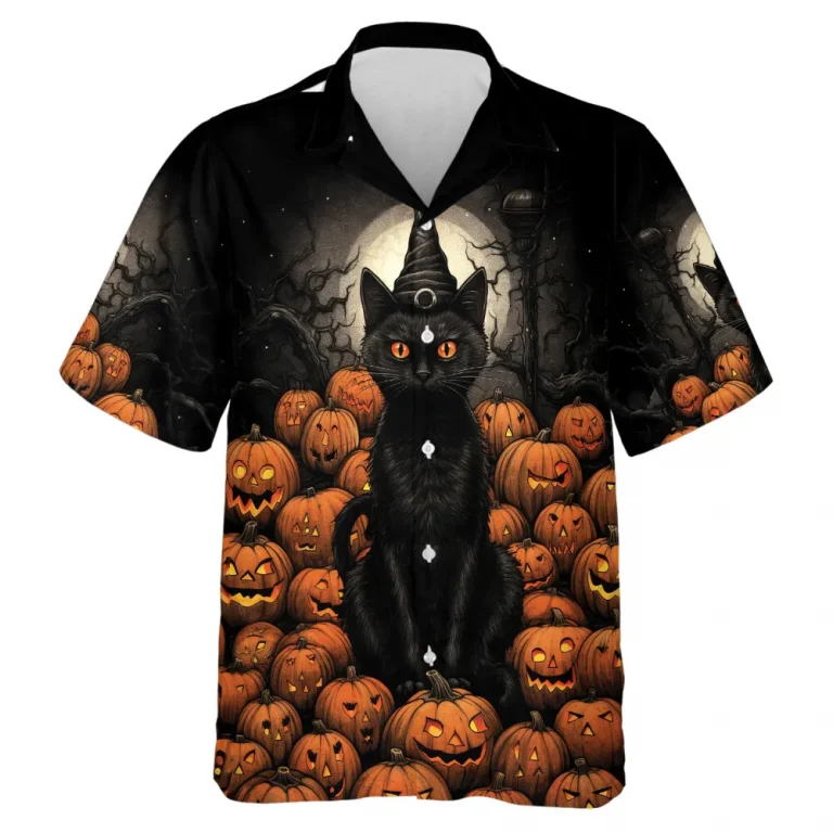 Sculptured Pumpkin And Black Cat Unisex Hawaii Shirt, Halloween Moonlight Aloha Beach Shirts, Men's Button Down Shirt, Everyday Wear