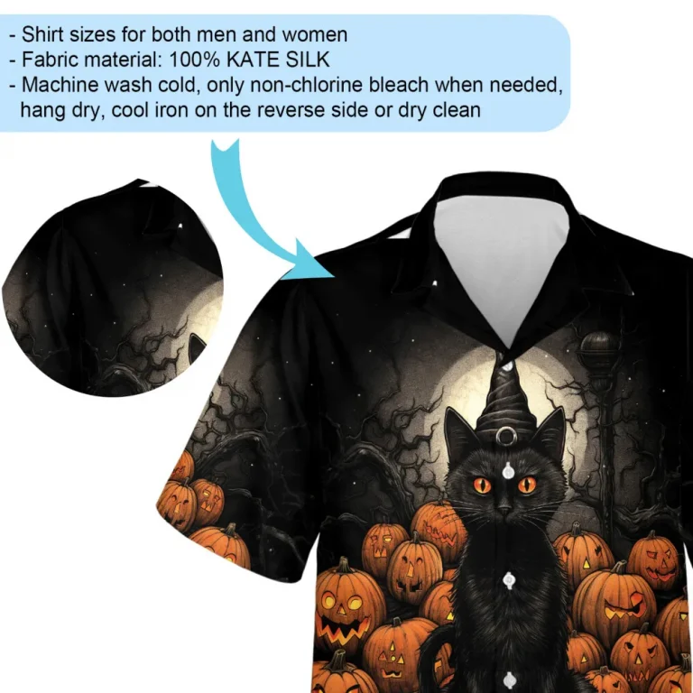 Sculptured Pumpkin And Black Cat Unisex Hawaii Shirt, Halloween Moonlight Aloha Beach Shirts, Men's Button Down Shirt, Everyday Wear