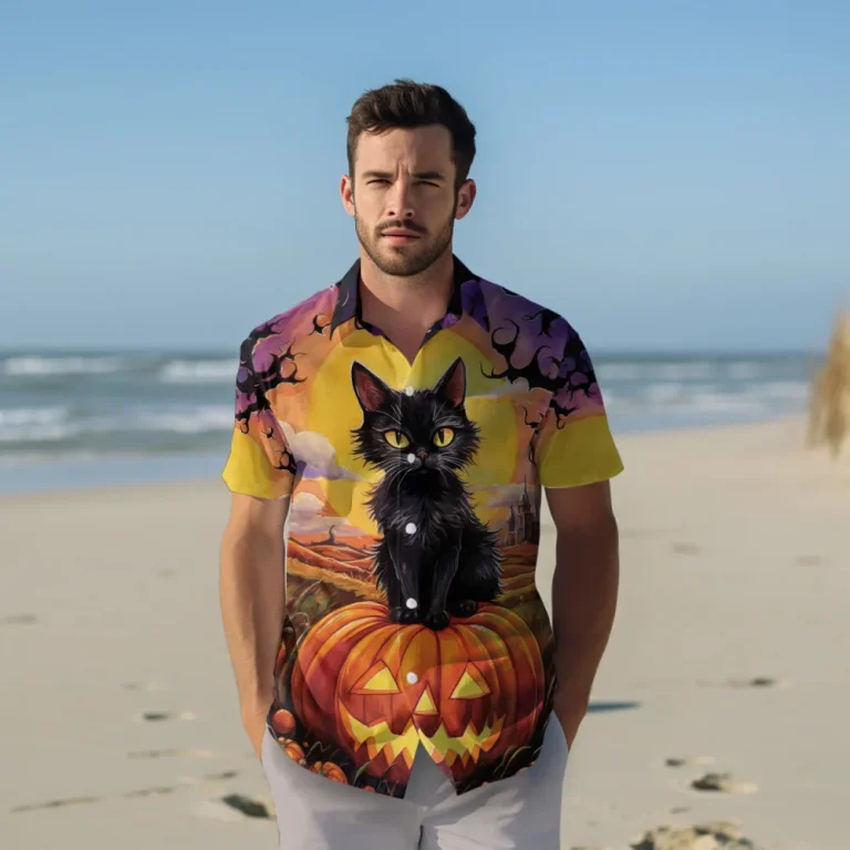 Scary Cat Standing On Pumpkin Men Hawaiian Shirt, Halloween Nightfall Aloha Beach Button Down Shirts, Branch Patterned Shirt, Casual Clothing