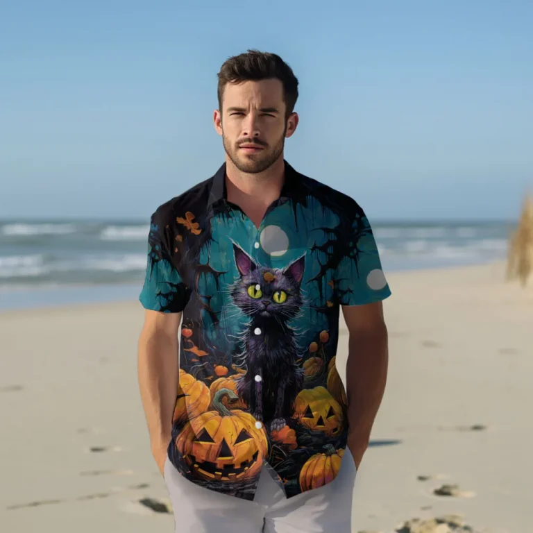 Cute Black Cat Halloween Men Hawaiian Shirt, Halloween Forest Aloha Beach Button Down Shirts, Spooky Pumpkin Halloween Hawaii Shirt