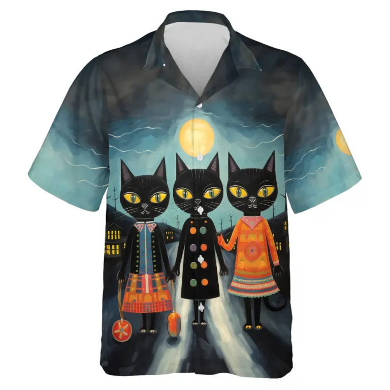 Impersonated Black Cat Wear Dress Men Hawaiian Shirt, Scary Halloween Moon Aloha Beach Button Down Shirts, Men's Casual Wear, Halloween Clothing