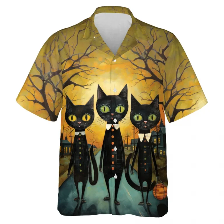 Standing Triple Black Cats Men Hawaiian Shirt, Spooky Halloween Aloha Beach Shirts, Tree Branches Halloween Men's Wear, Casual Family Clothing