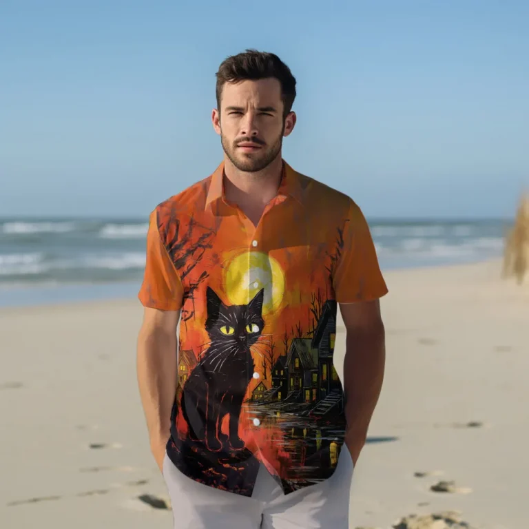 Black Cat Men Hawaiian Shirt, Halloween Night Party Aloha Beach Button Down Shirts, Group Clothing, Moonlight Halloween Men Hawaii Shirt