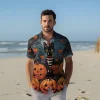 Black Cat Wears Knitted Top Men Hawaiian Shirt, Spooky Sculptured Pumpkin Pattern Aloha Beach Shirts, Halloween Button Down Shirt