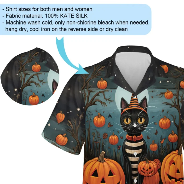 Black Cat Wears Knitted Top Men Hawaiian Shirt, Spooky Sculptured Pumpkin Pattern Aloha Beach Shirts, Halloween Button Down Shirt