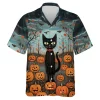 Scary Standing Black Cat Wide Opened Eyes Men Hawaiian Shirt, Pumpkin Forest Halloween Aloha Beach Button Down Shirts, Spooky Halloween Clothing