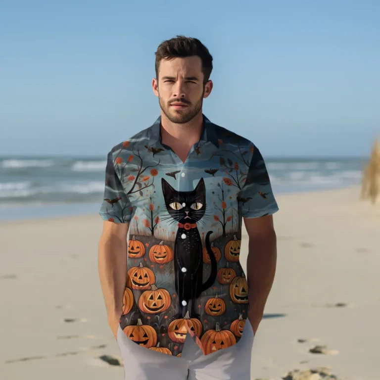 Scary Standing Black Cat Wide Opened Eyes Men Hawaiian Shirt, Pumpkin Forest Halloween Aloha Beach Button Down Shirts, Spooky Halloween Clothing