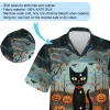 Scary Standing Black Cat Wide Opened Eyes Men Hawaiian Shirt, Pumpkin Forest Halloween Aloha Beach Button Down Shirts, Spooky Halloween Clothing