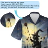 Funny Black Cat And Wand Men Hawaiian Shirt, Halloween Vibe Beach Button Down Shirts, Magical V-neck Casual Clothing, Family Wear