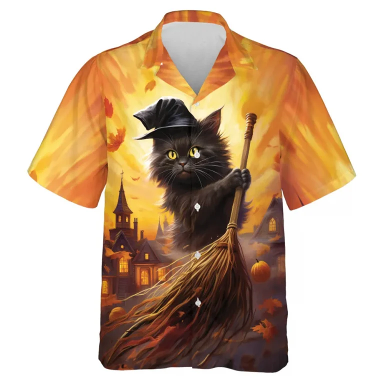 Grumpy Black Cat Rides Broomstick Men Hawaiian Shirt, Halloween Witch Night Aloha Beach Button Down Shirts, Moonlight Castle Shirt, Casual Men's Wear