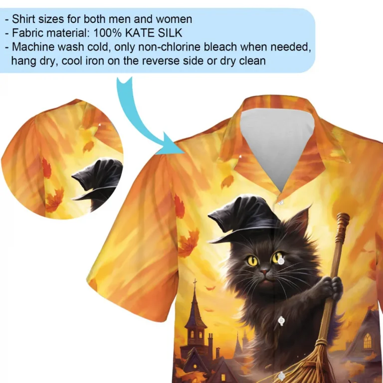 Grumpy Black Cat Rides Broomstick Men Hawaiian Shirt, Halloween Witch Night Aloha Beach Button Down Shirts, Moonlight Castle Shirt, Casual Men's Wear