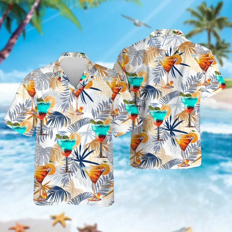 Rainbow Cocktail Unisex Hawaiian Shirt, Tropical Leaves Aloha Button Down Shirts, Vacation Family Clothing, Summer Trip Gift, Holidays Hawaii Shirt